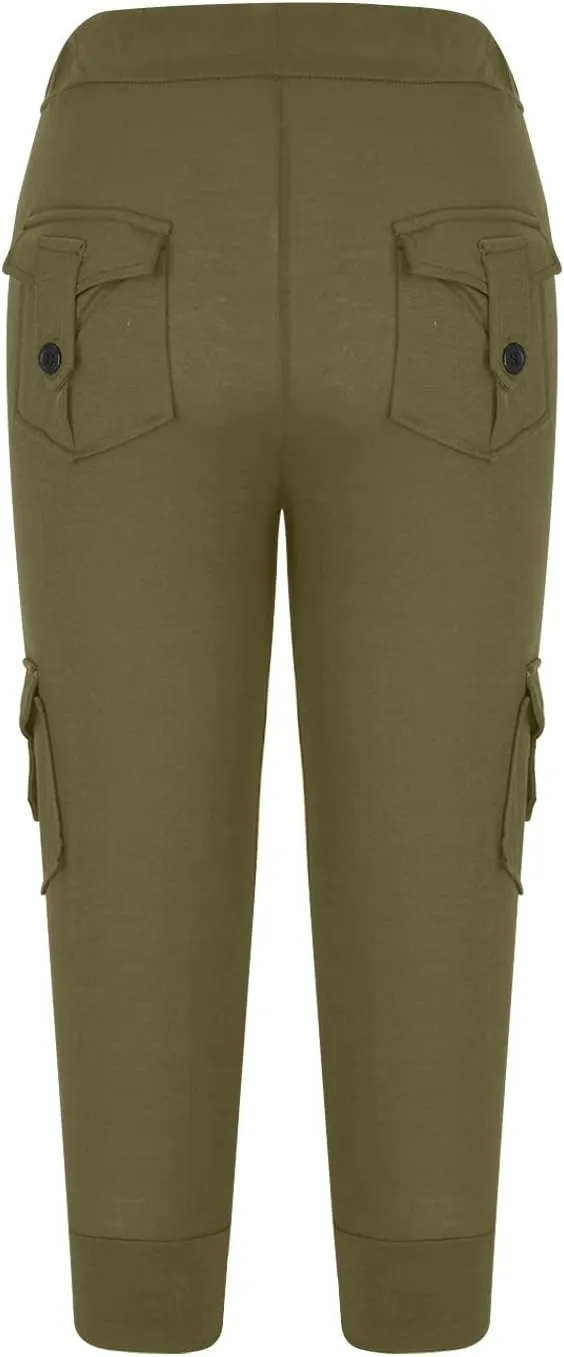 Wkishenl Capri Pants for Women Summer 2025 Drawstring Elastic High Waist Cargo Pants with Pockets Solid Color Button Joggers