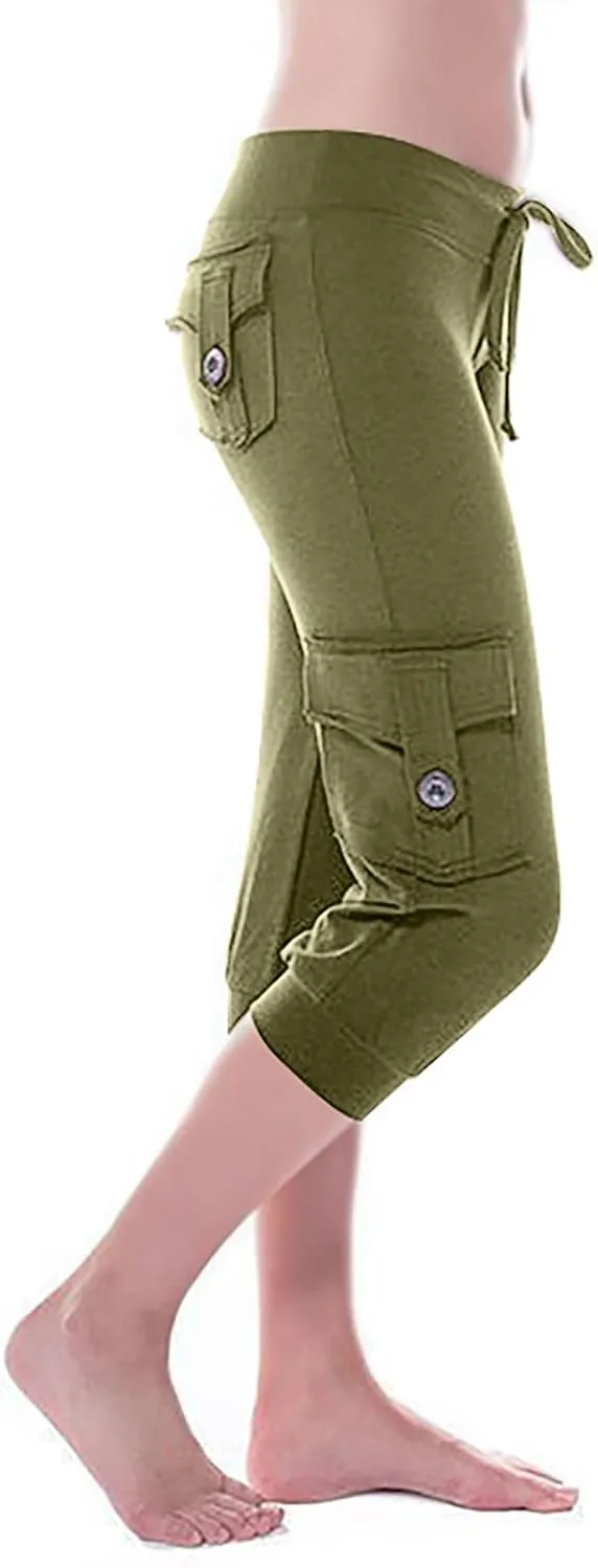 Wkishenl Capri Pants for Women Summer 2025 Drawstring Elastic High Waist Cargo Pants with Pockets Solid Color Button Joggers
