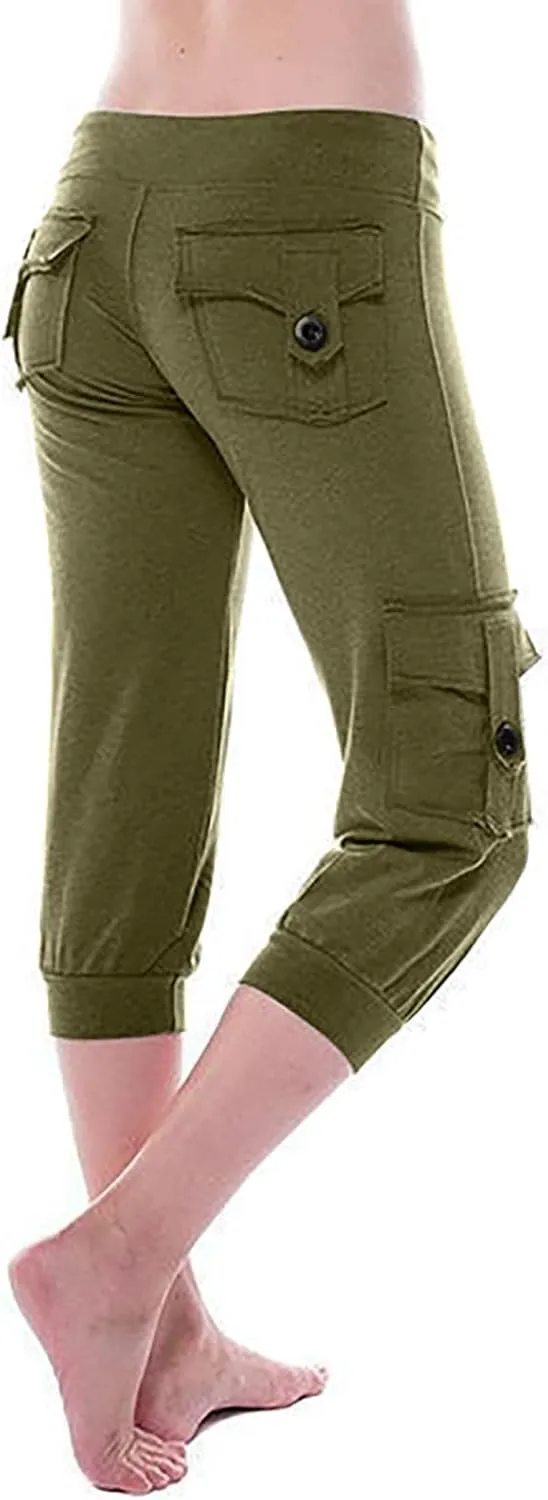 Wkishenl Capri Pants for Women Summer 2025 Drawstring Elastic High Waist Cargo Pants with Pockets Solid Color Button Joggers