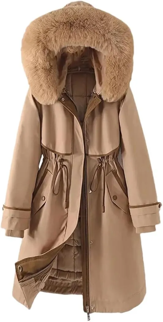 Woman Parker Cotton-Padded Jacket Long Liner Detachable Coat Waist Thick Warm Cotton-Padded Jacket Outwear Khaki L