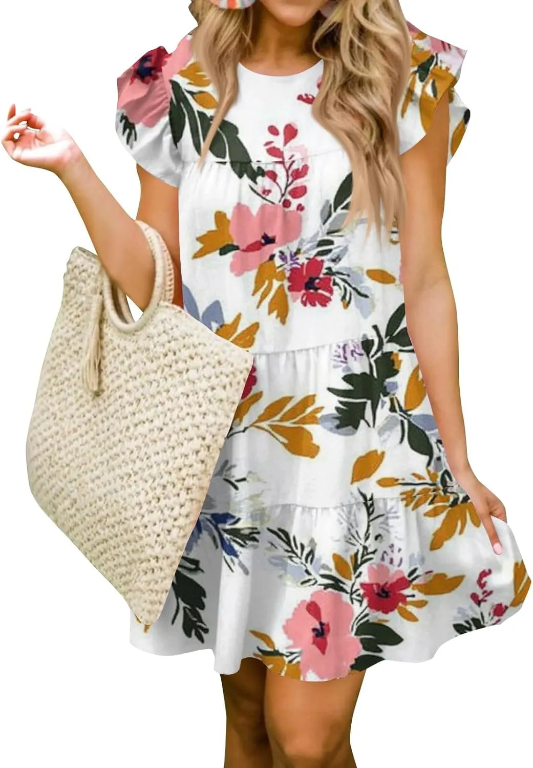 Women Babydoll Summer Casual Crew Neck Ruffle Sleeve Sleeveless Flowy Mini Short Tunic Dress Floral Print Pleated Dress1-White,Medium