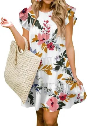 Women Babydoll Summer Casual Crew Neck Ruffle Sleeve Sleeveless Flowy Mini Short Tunic Dress Floral Print Pleated Dress1-White,Medium