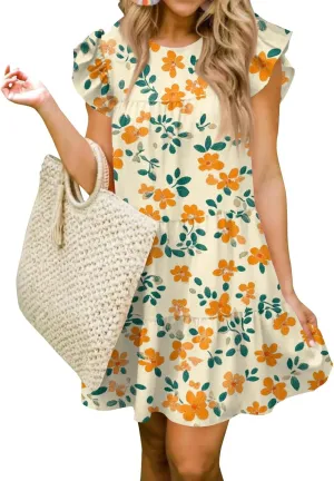 Women Babydoll Summer Casual Crew Neck Ruffle Sleeve Sleeveless Flowy Mini Short Tunic Dress Floral Print Pleated Dress2-Orange,XX-Large