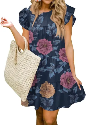 Women Babydoll Summer Casual Crew Neck Ruffle Sleeve Sleeveless Flowy Mini Short Tunic Dress Floral Print Pleated Dress3-Dark Blue,XX-Large