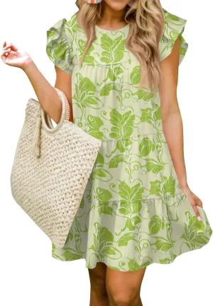 Women Babydoll Summer Casual Crew Neck Ruffle Sleeve Sleeveless Flowy Mini Short Tunic Dress Floral Print Pleated Dress4-Fluorescent Green,XX-Large