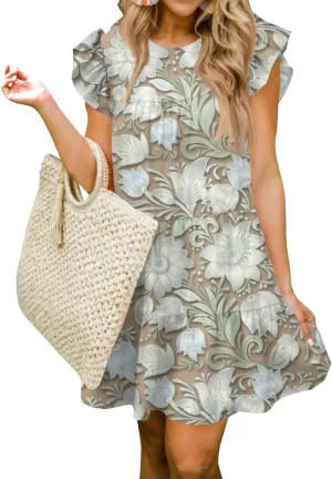 Women Babydoll Summer Casual Crew Neck Ruffle Sleeve Sleeveless Flowy Mini Short Tunic Dress Floral Print Pleated Dress4-White,Medium
