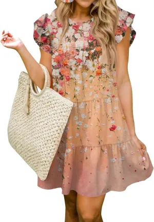 Women Babydoll Summer Casual Crew Neck Ruffle Sleeve Sleeveless Flowy Mini Short Tunic Dress Floral Print Pleated Dress5-Watermelon Red,Small