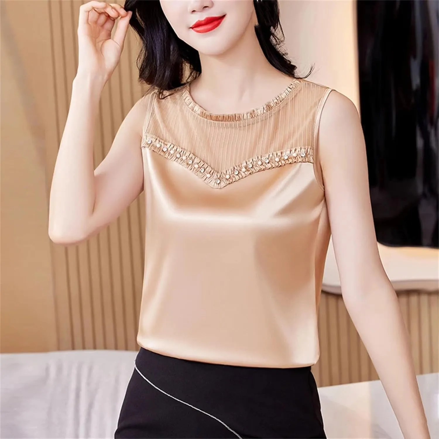 Women Beaded Tank Top Silk Satin Shirt Round Neck Sleeveless Camisole