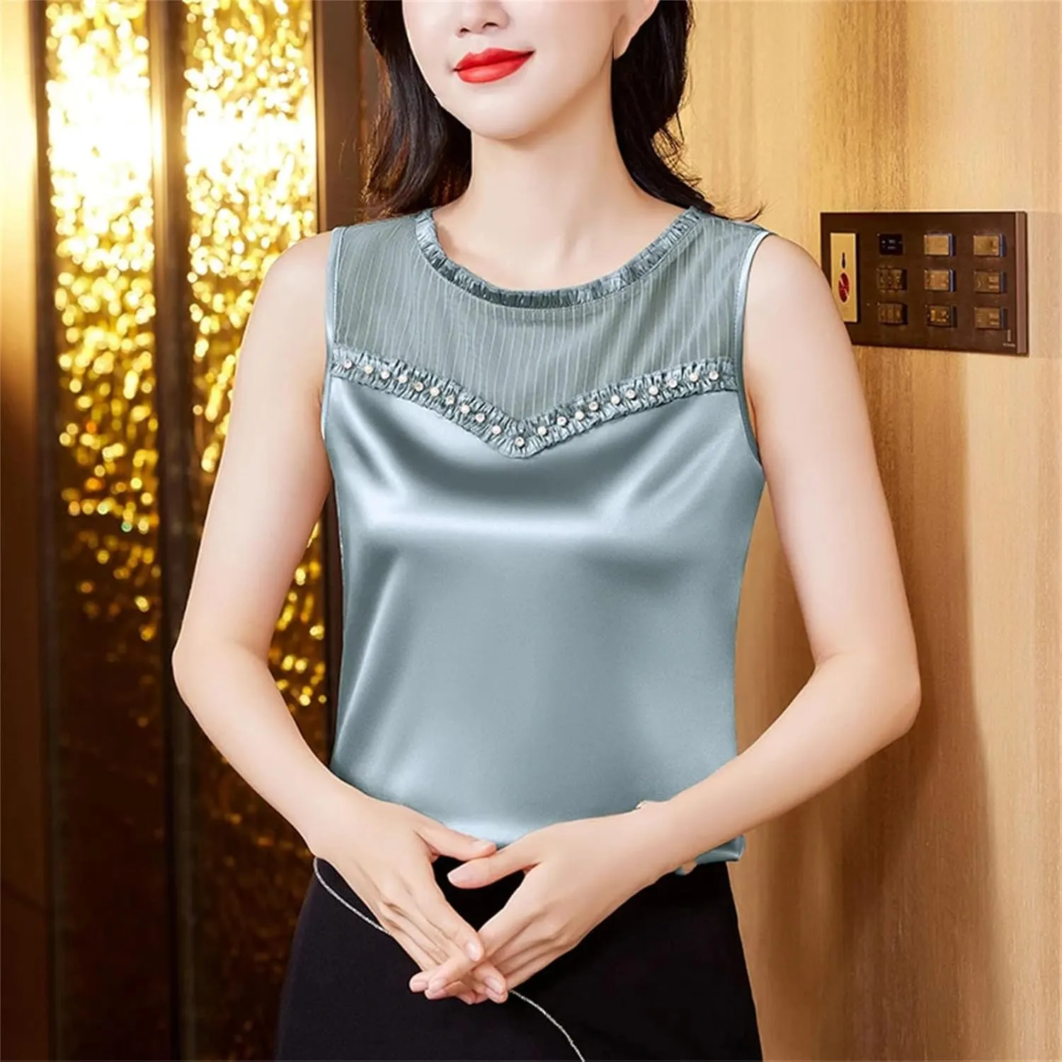 Women Beaded Tank Top Silk Satin Shirt Round Neck Sleeveless Camisole