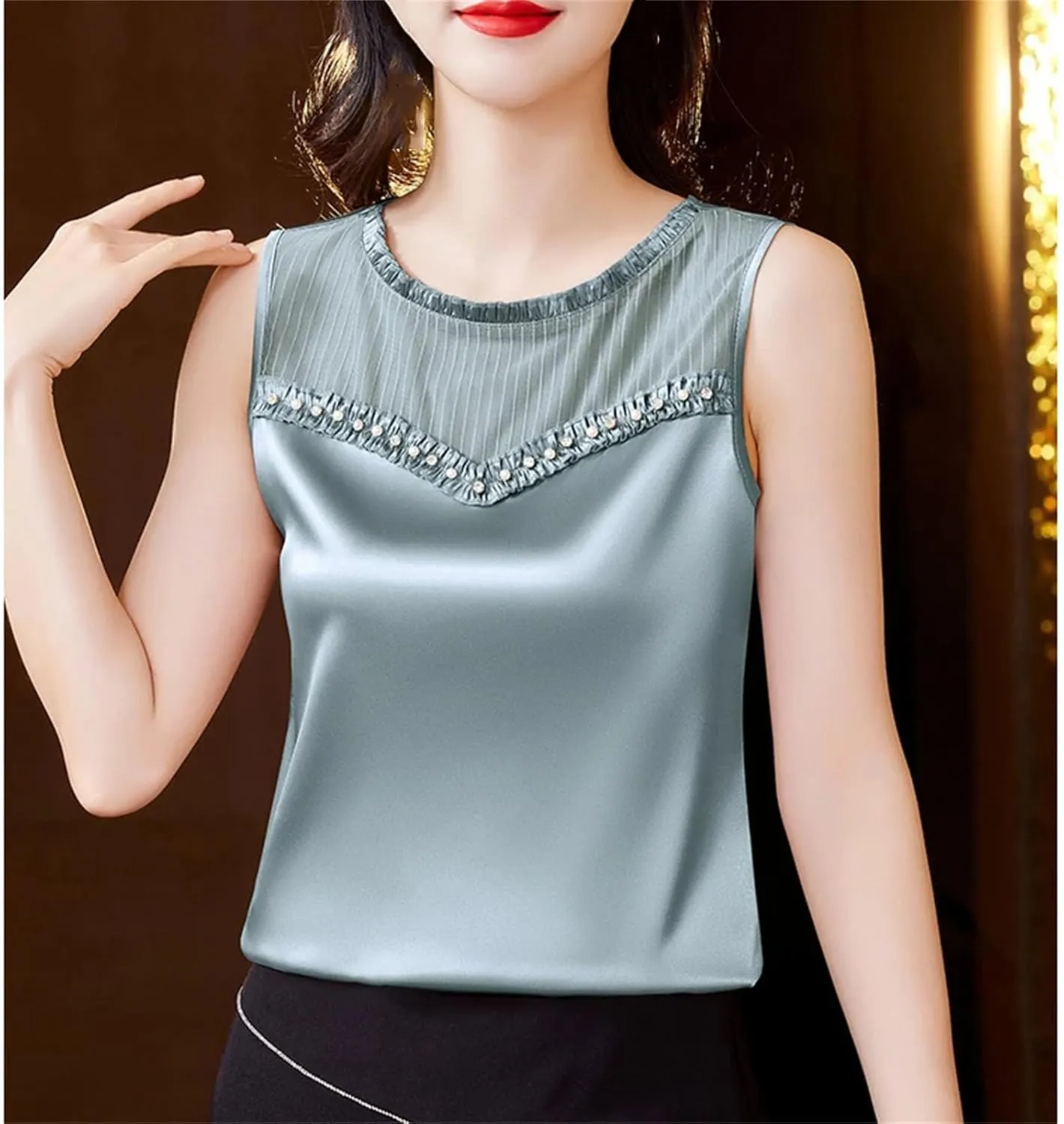 Women Beaded Tank Top Silk Satin Shirt Round Neck Sleeveless Camisole