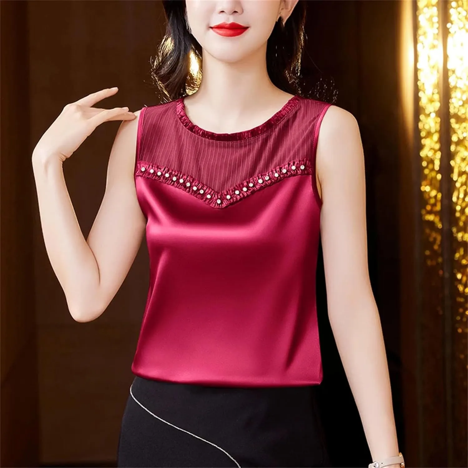 Women Beaded Tank Top Silk Satin Shirt Round Neck Sleeveless Camisole