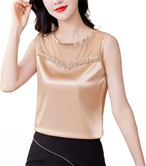 Women Beaded Tank Top Silk Satin Shirt Round Neck Sleeveless Camisole
