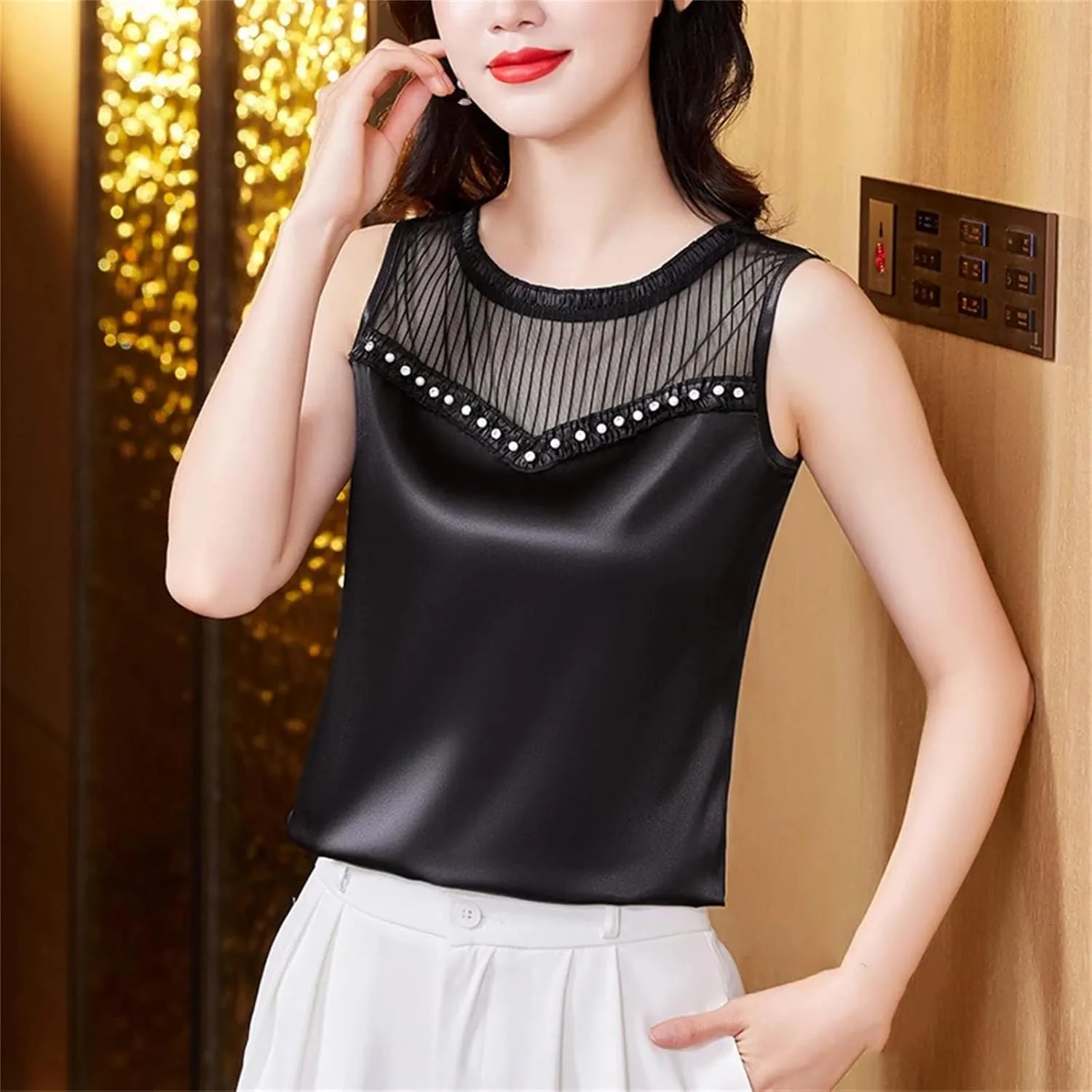 Women Beaded Tank Top Silk Satin Shirt Round Neck Sleeveless Camisole