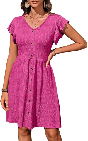 Women Cap Sleeve Mini Dress 2025 Casual Spring Summer Swing Dresses Button Front Ribbed Dress A Line Short Sundress