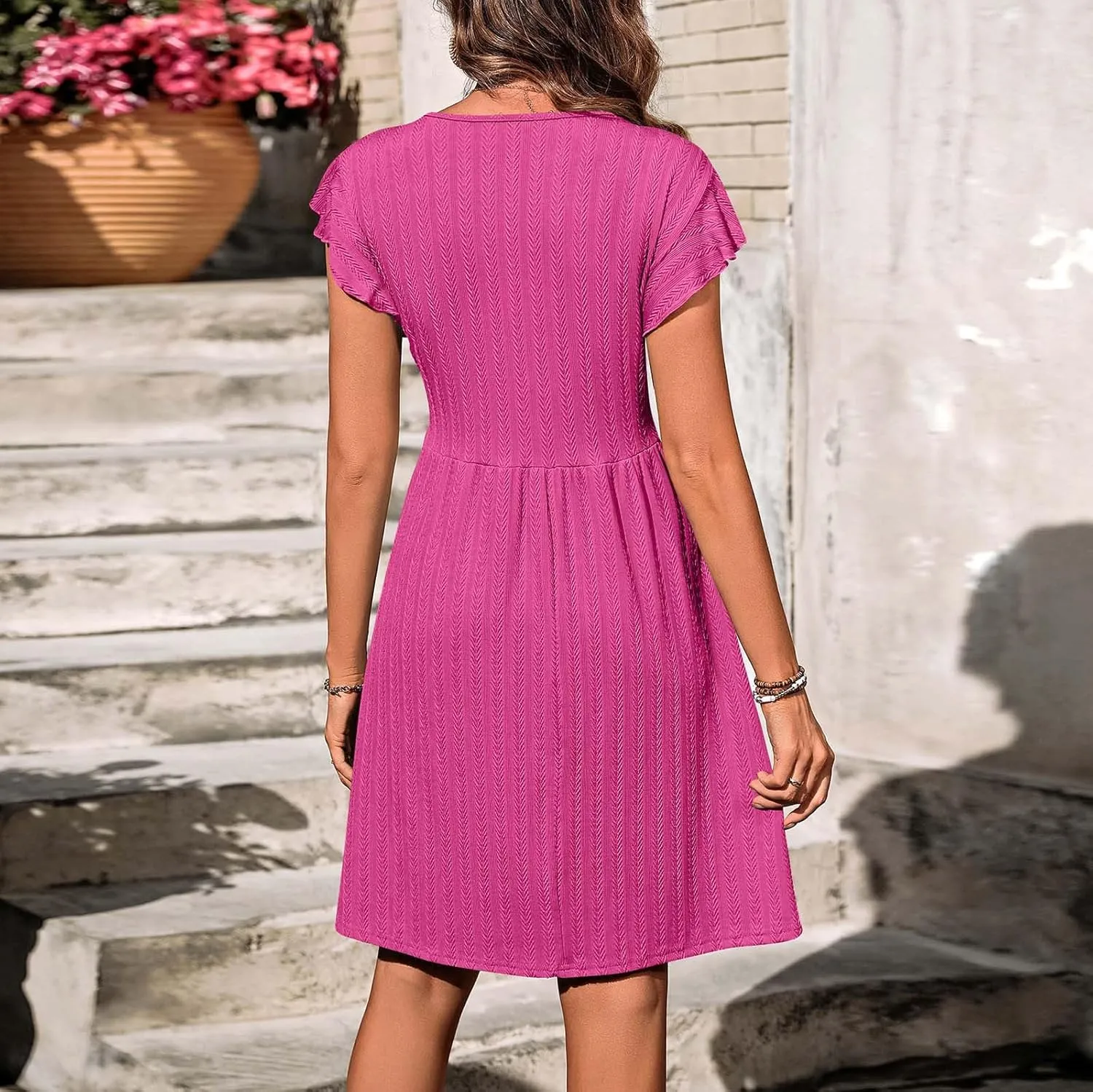 Women Cap Sleeve Mini Dress 2025 Casual Spring Summer Swing Dresses Button Front Ribbed Dress A Line Short Sundress