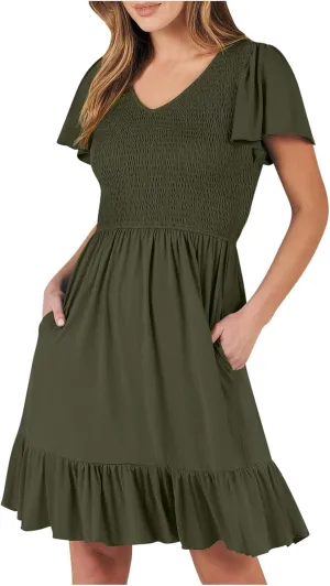 Women Casual Mini Dresses 2025 Summer Smocked Swing Dress Flowy V Neck Flutter Sleeve A-Line Sundress with Pockets