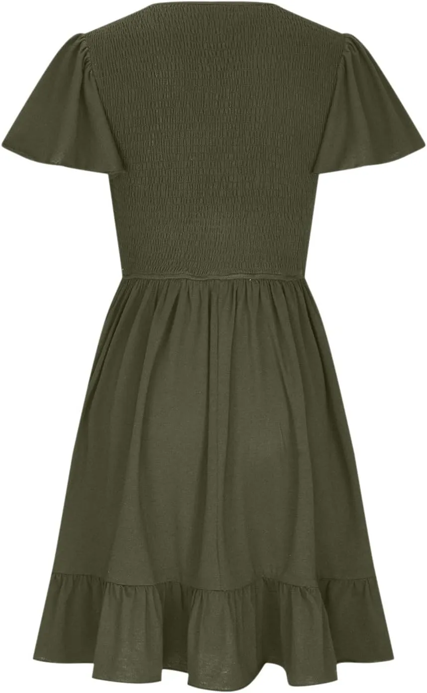 Women Casual Mini Dresses 2025 Summer Smocked Swing Dress Flowy V Neck Flutter Sleeve A-Line Sundress with Pockets