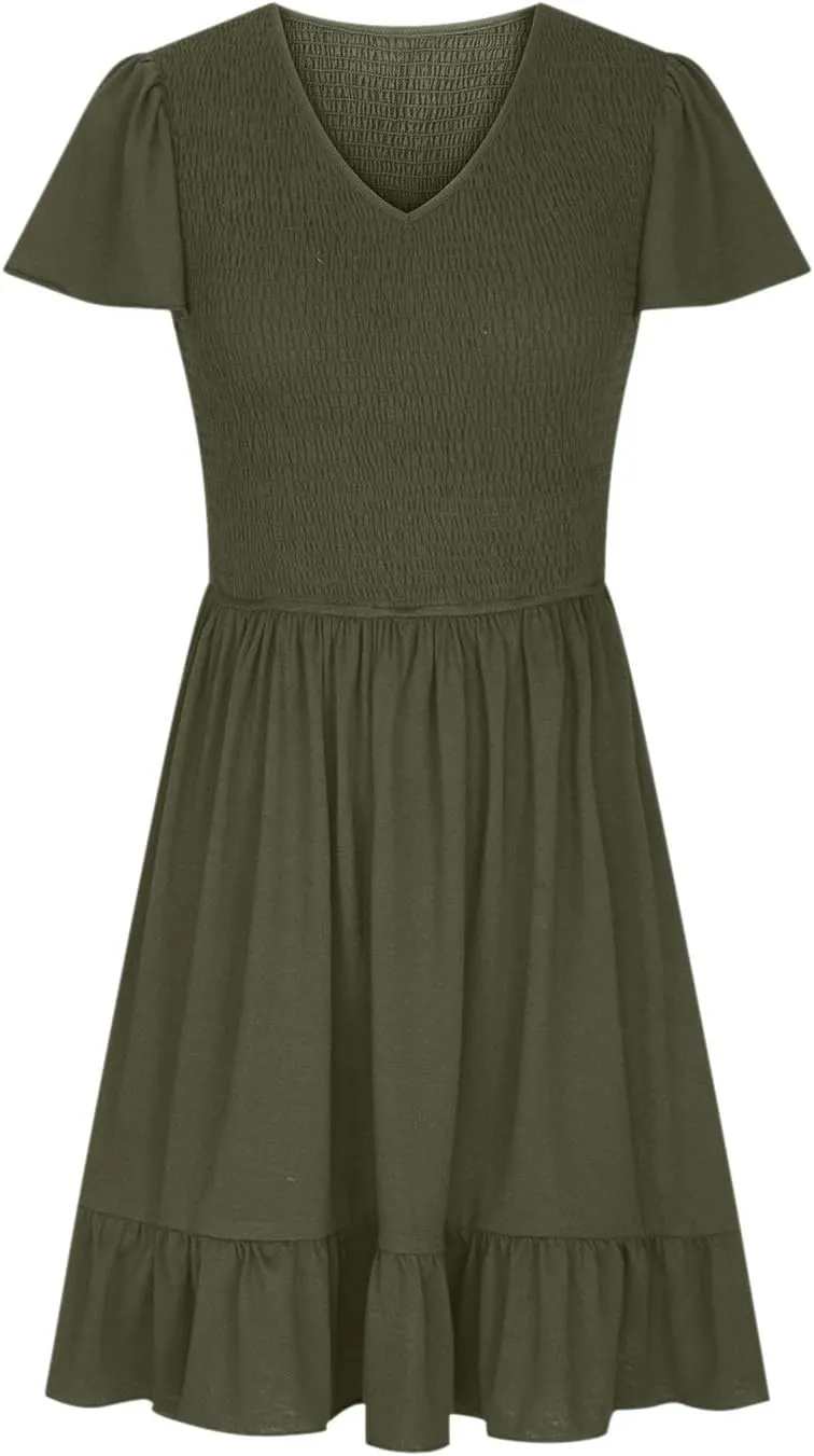 Women Casual Mini Dresses 2025 Summer Smocked Swing Dress Flowy V Neck Flutter Sleeve A-Line Sundress with Pockets