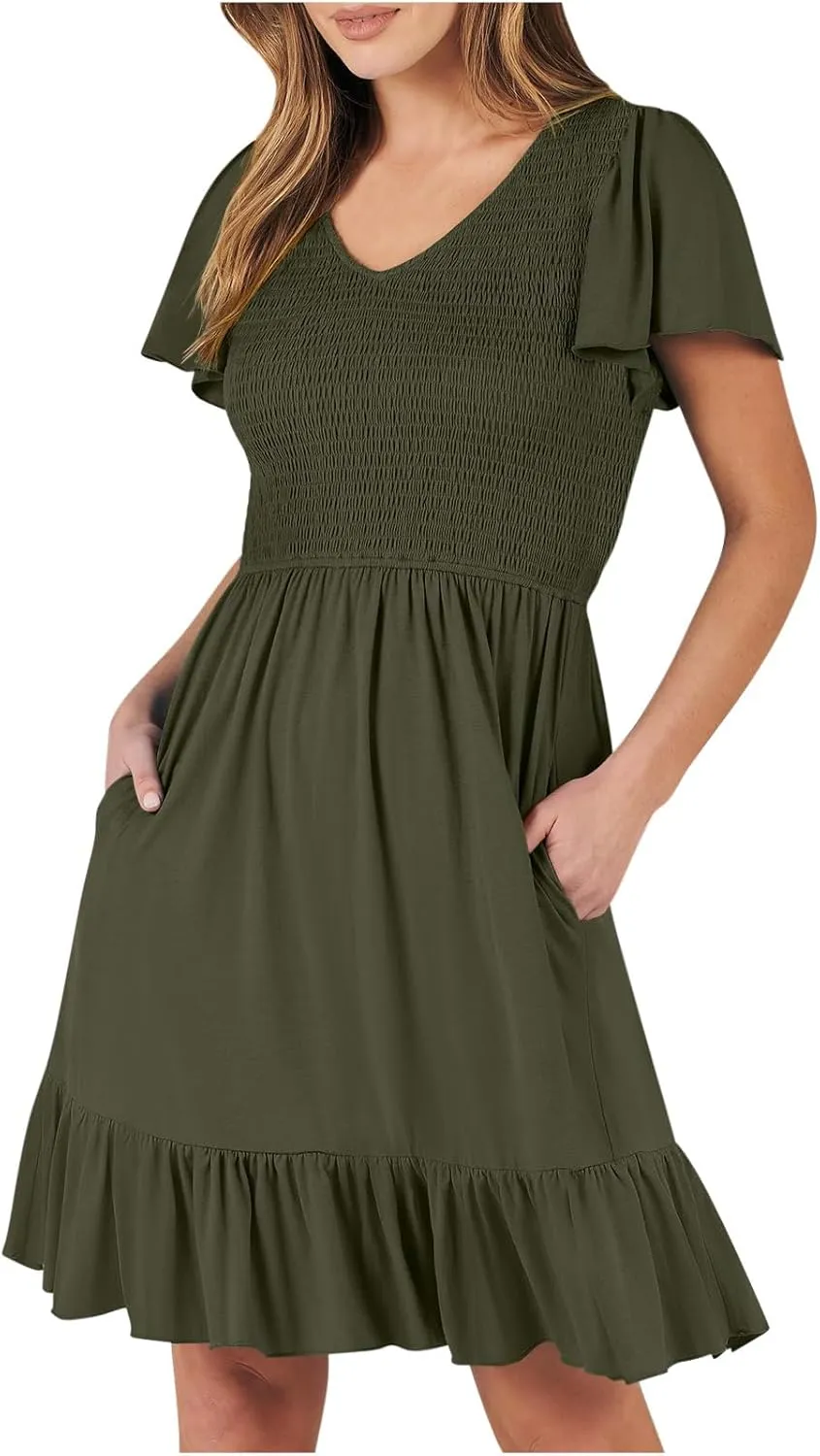 Women Casual Mini Dresses 2025 Summer Smocked Swing Dress Flowy V Neck Flutter Sleeve A-Line Sundress with Pockets