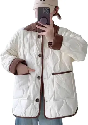 Women Cotton Coat Vintage Pocket Cotton-Padded Jacket Puffer Coat Single-Breasted Lapel Top creamy white L
