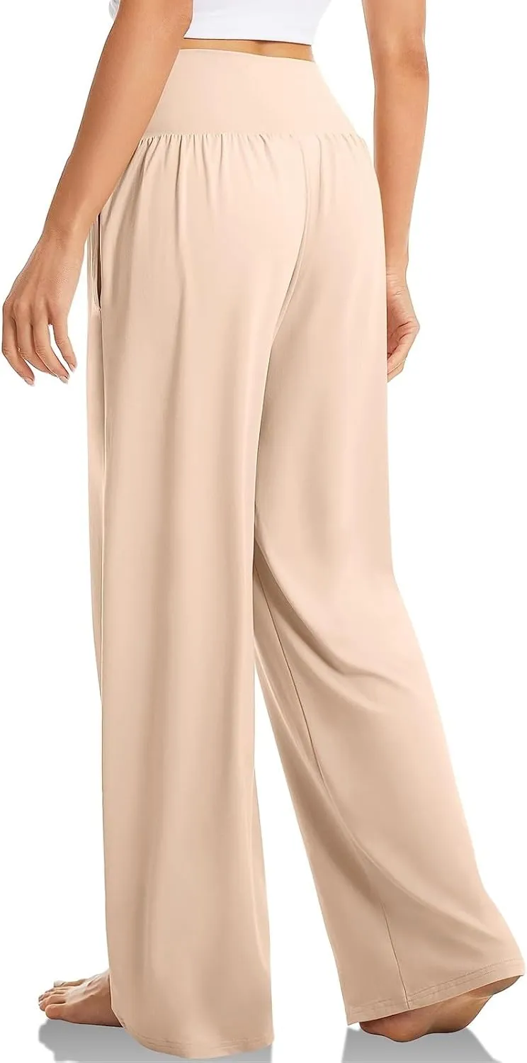 Women Cotton Linen Palazzo Pants,Summer Boho Wide Leg High Waist Casual Lounge Pant Beach Yoga Trousers with Pockets