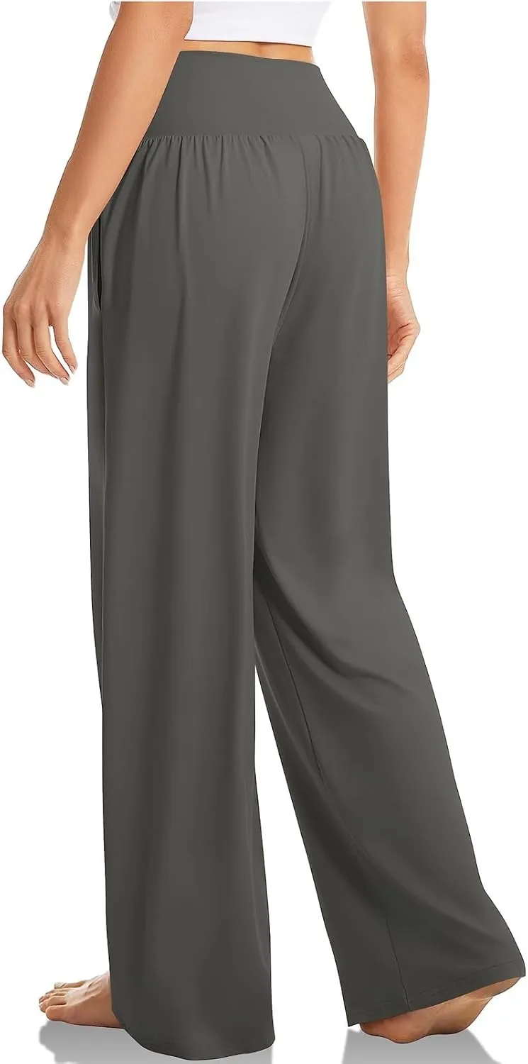 Women Cotton Linen Palazzo Pants,Summer Boho Wide Leg High Waist Casual Lounge Pant Beach Yoga Trousers with Pockets