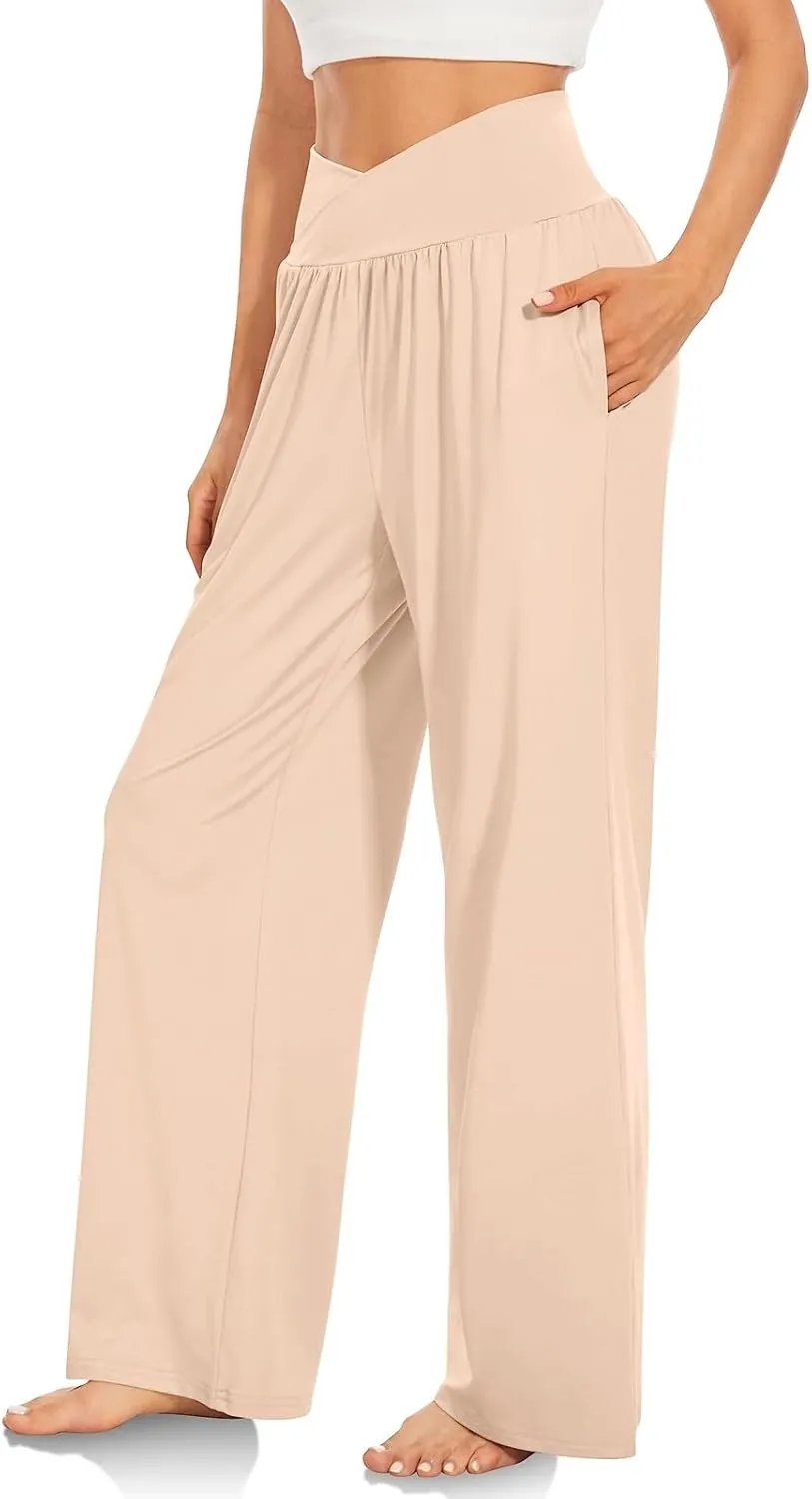 Women Cotton Linen Palazzo Pants,Summer Boho Wide Leg High Waist Casual Lounge Pant Beach Yoga Trousers with Pockets