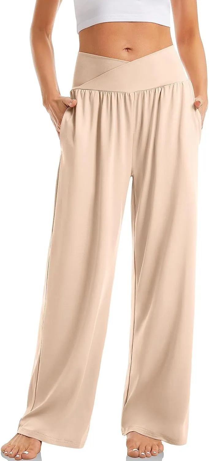 Women Cotton Linen Palazzo Pants,Summer Boho Wide Leg High Waist Casual Lounge Pant Beach Yoga Trousers with Pockets