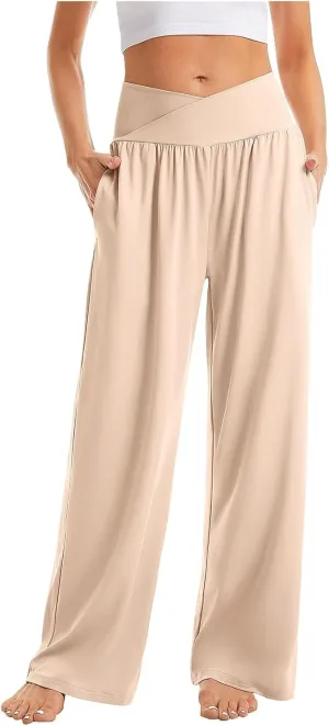 Women Cotton Linen Palazzo Pants,Summer Boho Wide Leg High Waist Casual Lounge Pant Beach Yoga Trousers with Pockets
