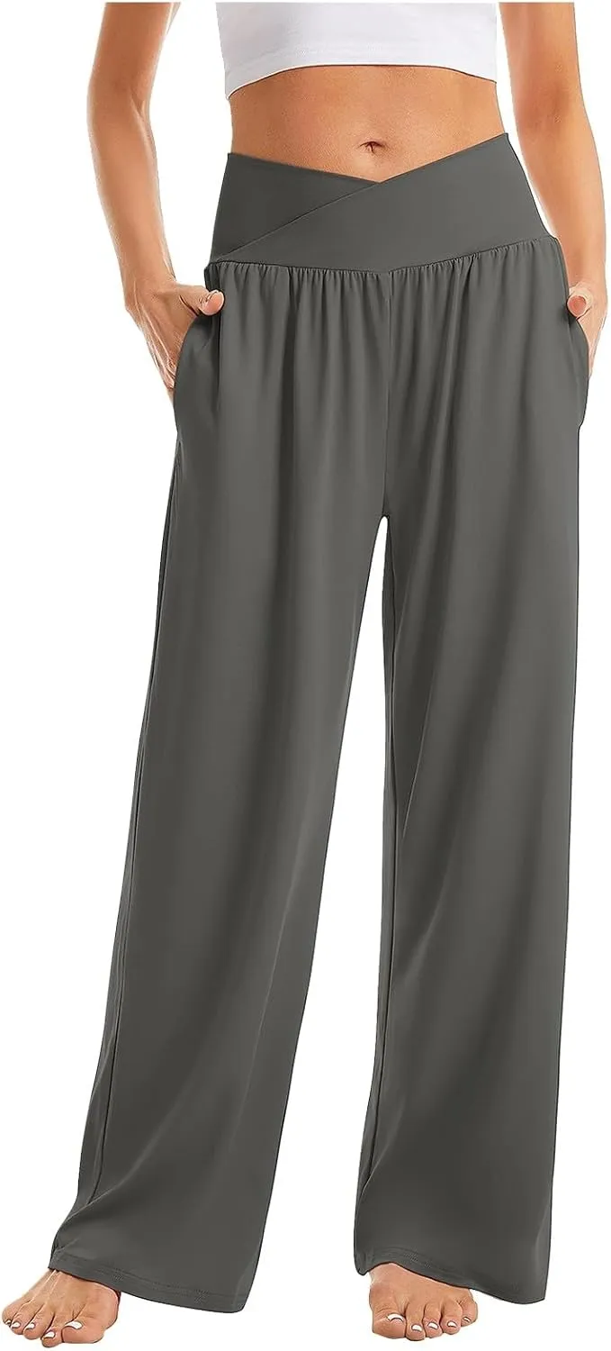 Women Cotton Linen Palazzo Pants,Summer Boho Wide Leg High Waist Casual Lounge Pant Beach Yoga Trousers with Pockets