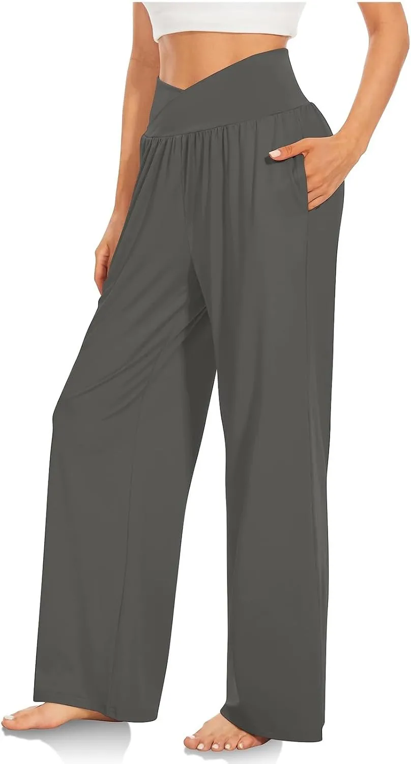 Women Cotton Linen Palazzo Pants,Summer Boho Wide Leg High Waist Casual Lounge Pant Beach Yoga Trousers with Pockets