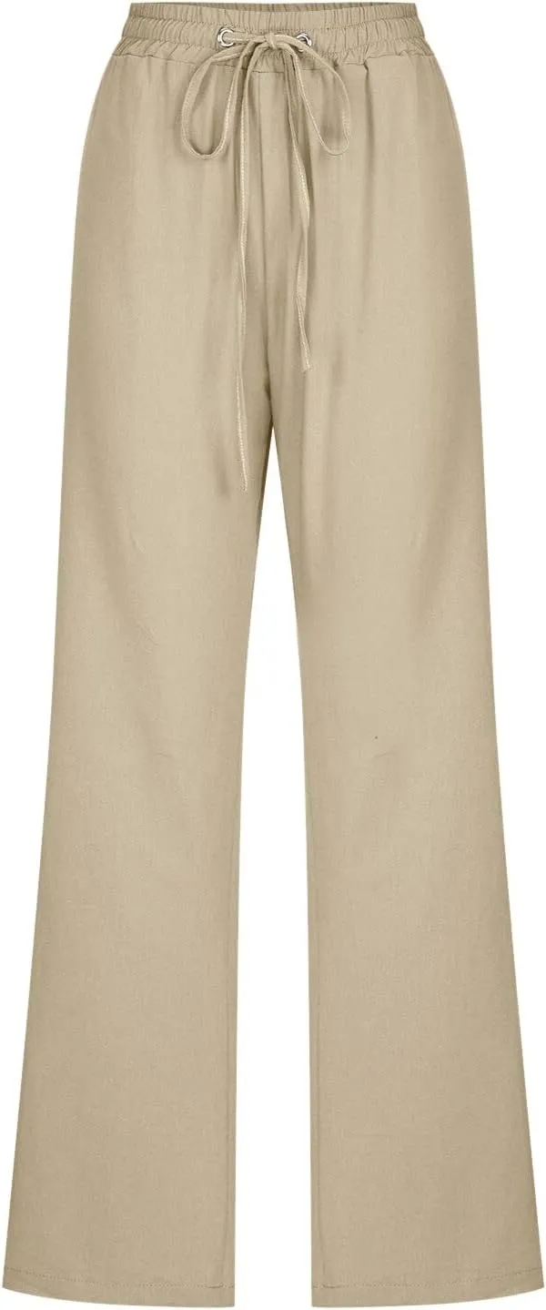 Women Cotton Linen Pants Straight Leg High Waisted Drawstring Pants Summer Casual Lightweight Trousers Beach Pants