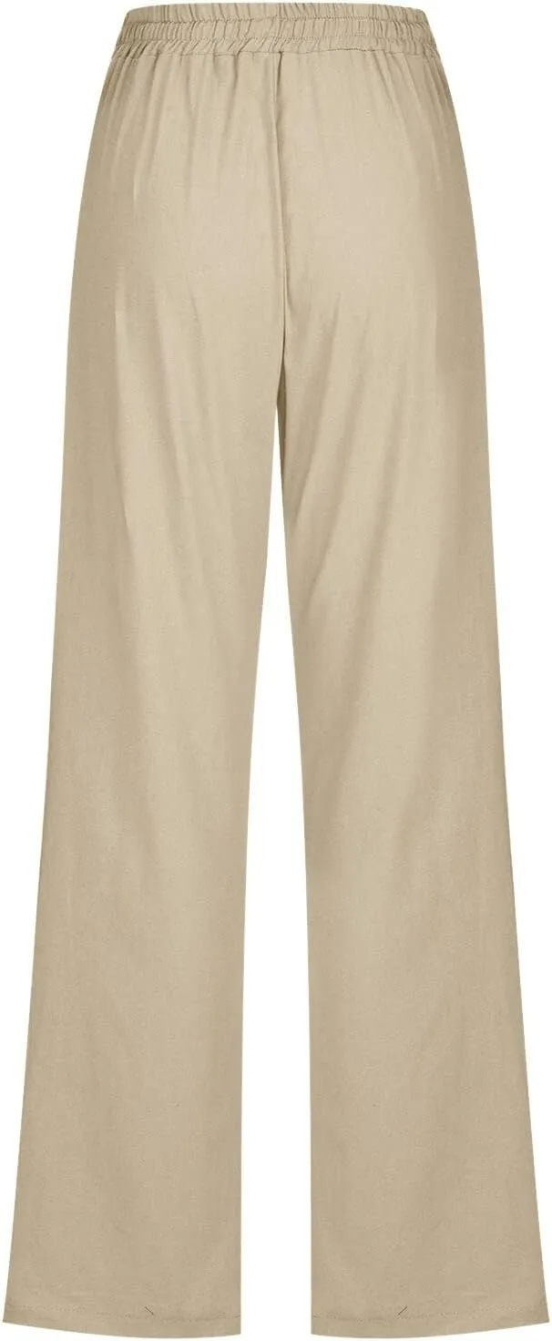 Women Cotton Linen Pants Straight Leg High Waisted Drawstring Pants Summer Casual Lightweight Trousers Beach Pants