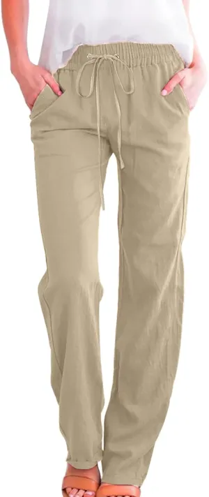 Women Cotton Linen Pants Straight Leg High Waisted Drawstring Pants Summer Casual Lightweight Trousers Beach Pants