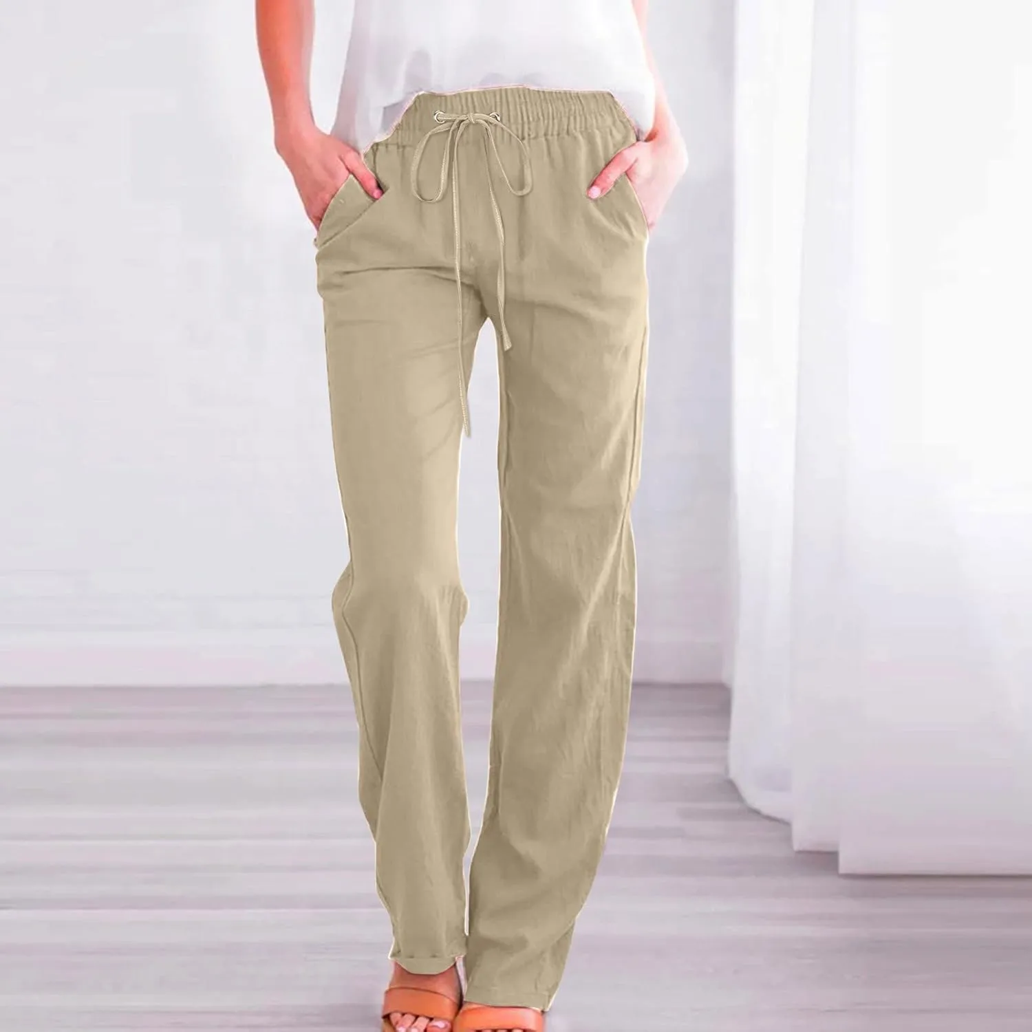 Women Cotton Linen Pants Straight Leg High Waisted Drawstring Pants Summer Casual Lightweight Trousers Beach Pants