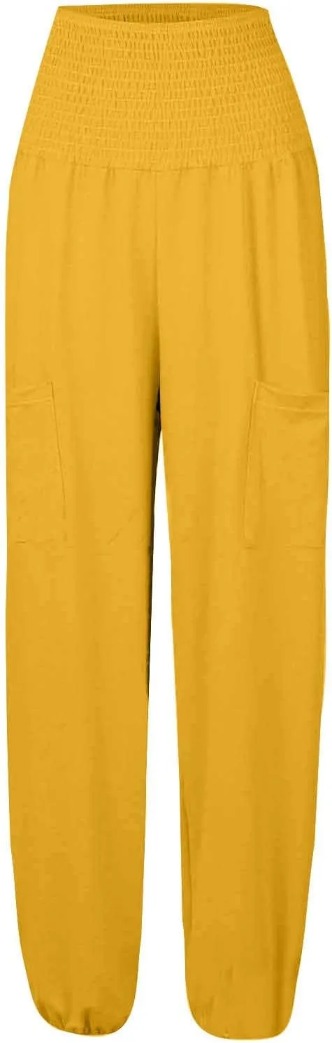 Women Cotton Linen Summer Tie Knot Palazzo Pants Elastic Waist Lounge Pants Plus Size Pants Office