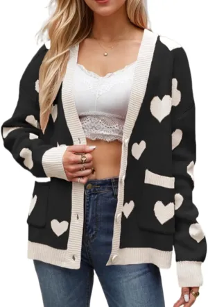 Women Cute Heart Oversized Cardigan Open Front Button Down Love Print Knit Sweater Y2k Kawaii Clothes