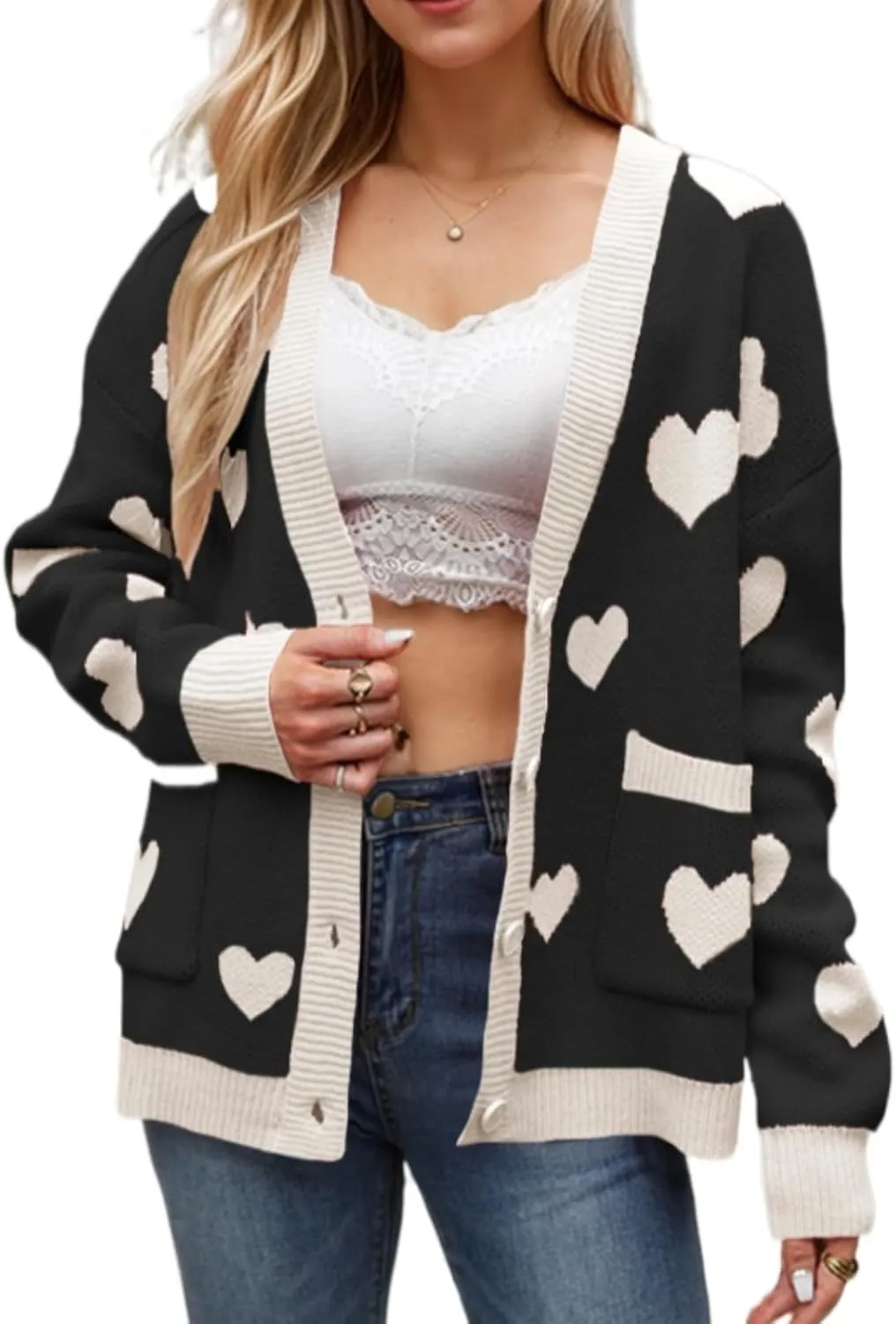 Women Cute Heart Oversized Cardigan Open Front Button Down Love Print Knit Sweater Y2k Kawaii Clothes