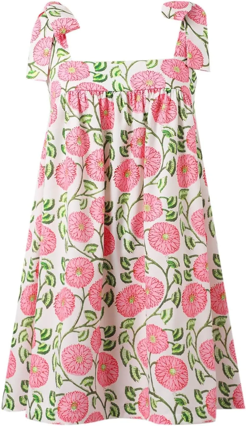 Women Floral Tie Shoulder Mini Strap Dress Cute Square Neck Loose Fit Beach Short Dress Backless Boho Vacation Sundress