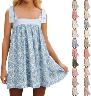 Women Floral Tie Shoulder Mini Strap Dress Cute Square Neck Loose Fit Beach Short Dress Backless Boho Vacation Sundress