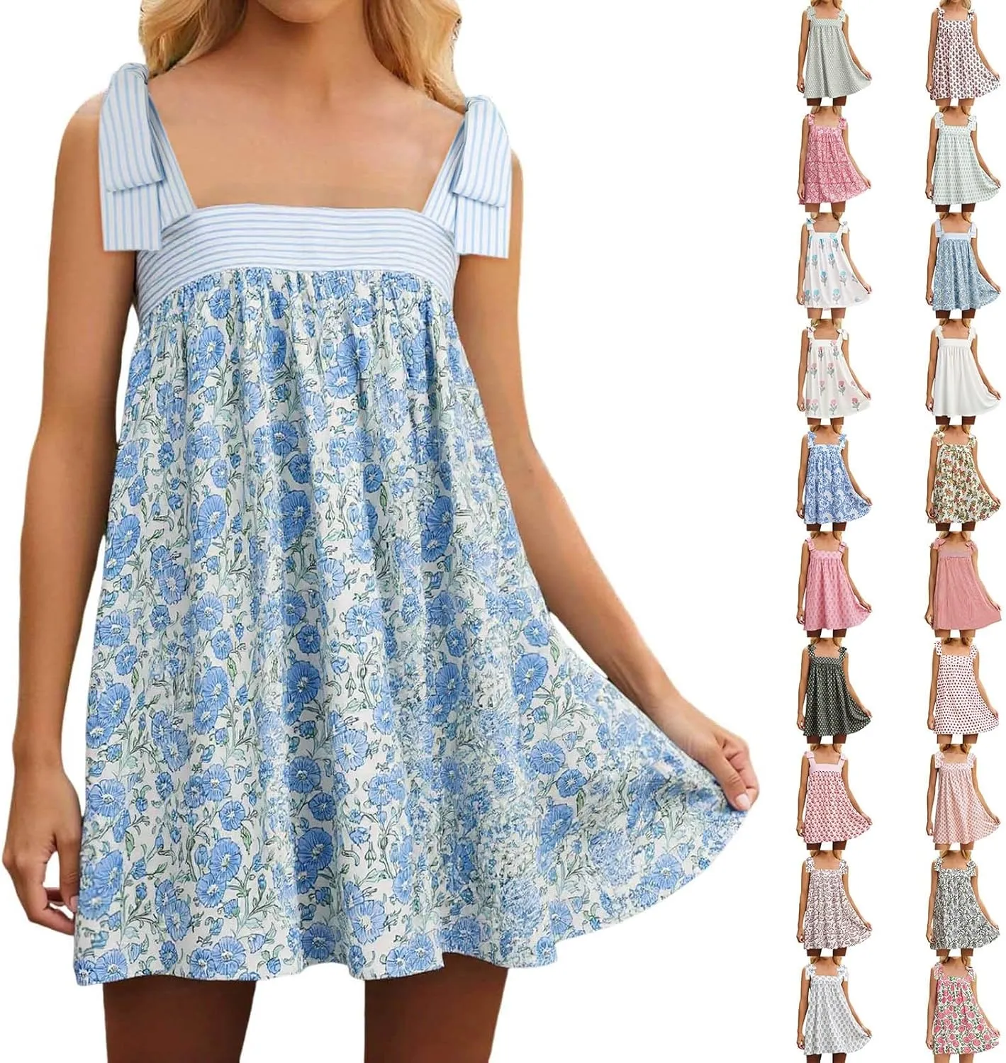 Women Floral Tie Shoulder Mini Strap Dress Cute Square Neck Loose Fit Beach Short Dress Backless Boho Vacation Sundress