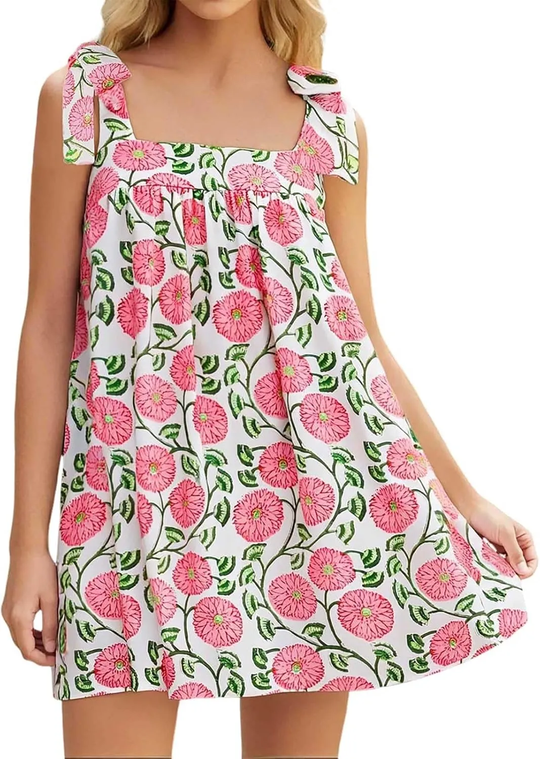 Women Floral Tie Shoulder Mini Strap Dress Cute Square Neck Loose Fit Beach Short Dress Backless Boho Vacation Sundress