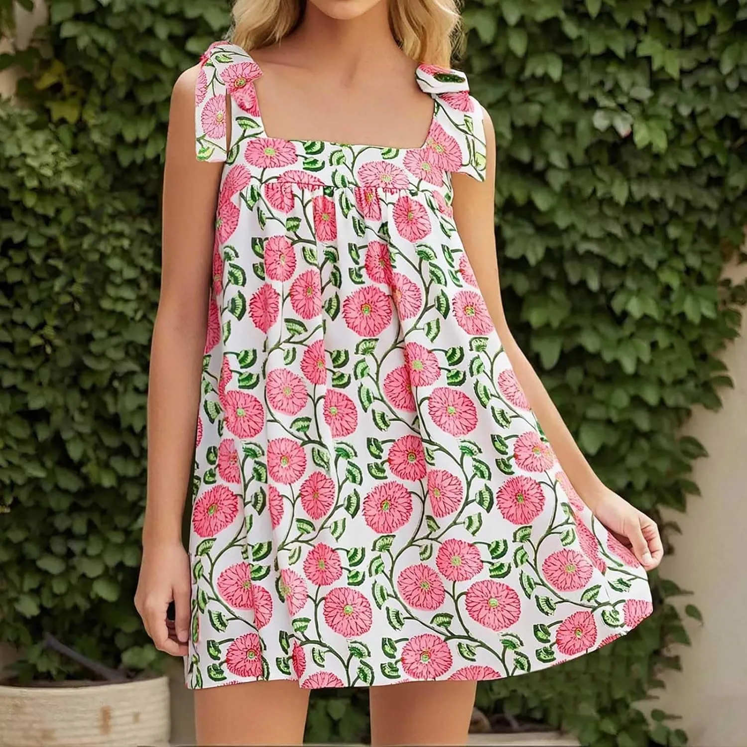 Women Floral Tie Shoulder Mini Strap Dress Cute Square Neck Loose Fit Beach Short Dress Backless Boho Vacation Sundress
