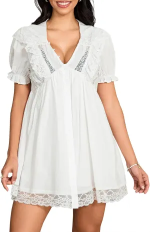 Women Hollow Out Babydoll Mini Dress Sleeveless Aline Vacation Beach Boho Sundress Going Out Y2k Ruffle Dress