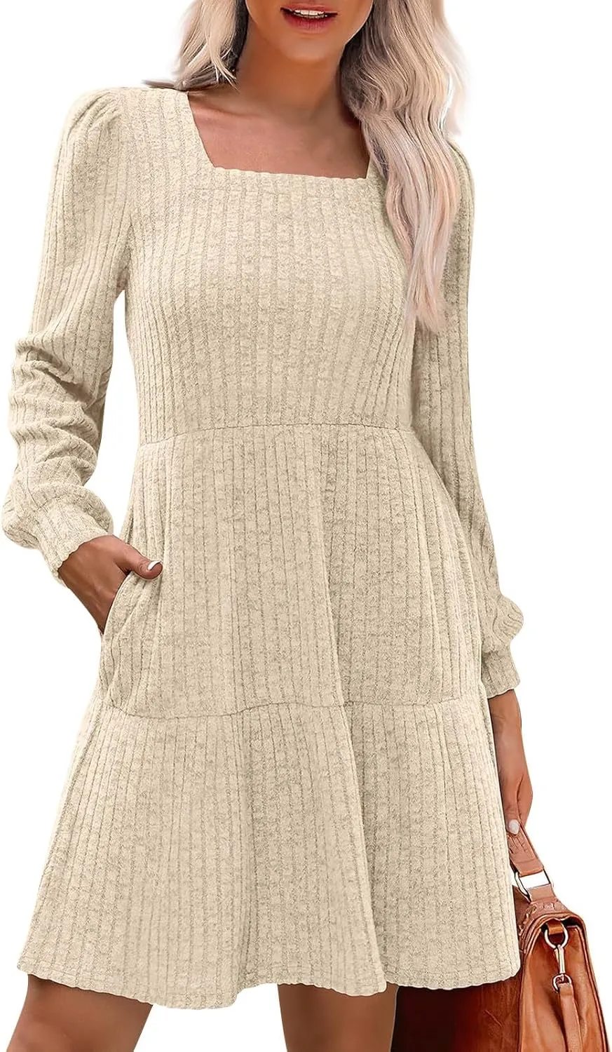Women Knit Dress Puff Long Sleeve Dress for Fall Winter Square Neck Casual Tunic Dresses Womens Fall Fashion 2024