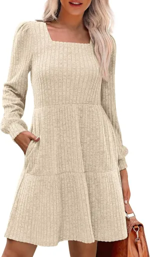 Women Knit Dress Puff Long Sleeve Dress for Fall Winter Square Neck Casual Tunic Dresses Womens Fall Fashion 2024