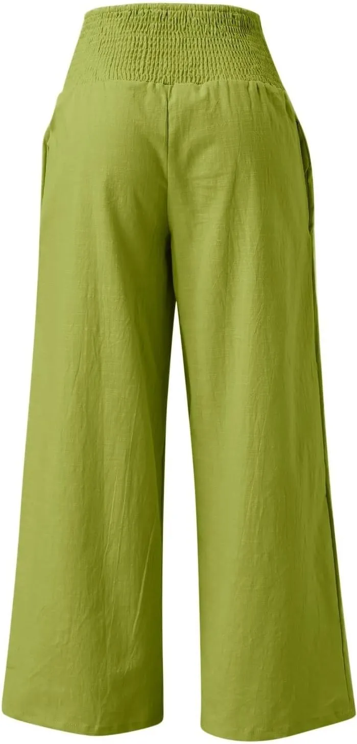 Women Linen Palazzo Pants Boho Wide Leg High Waist Casual Lounge Pant Trousers with Pockets Straight Leg Comfy Pants