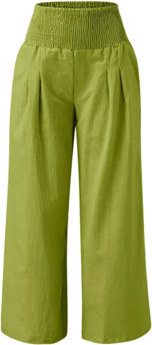 Women Linen Palazzo Pants Boho Wide Leg High Waist Casual Lounge Pant Trousers with Pockets Straight Leg Comfy Pants