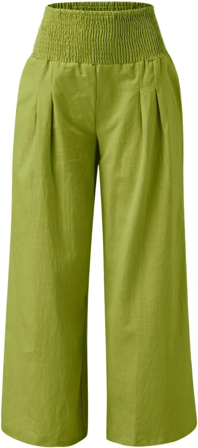 Women Linen Palazzo Pants Boho Wide Leg High Waist Casual Lounge Pant Trousers with Pockets Straight Leg Comfy Pants