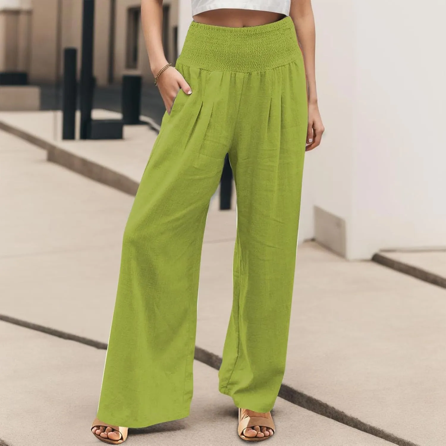 Women Linen Palazzo Pants Boho Wide Leg High Waist Casual Lounge Pant Trousers with Pockets Straight Leg Comfy Pants